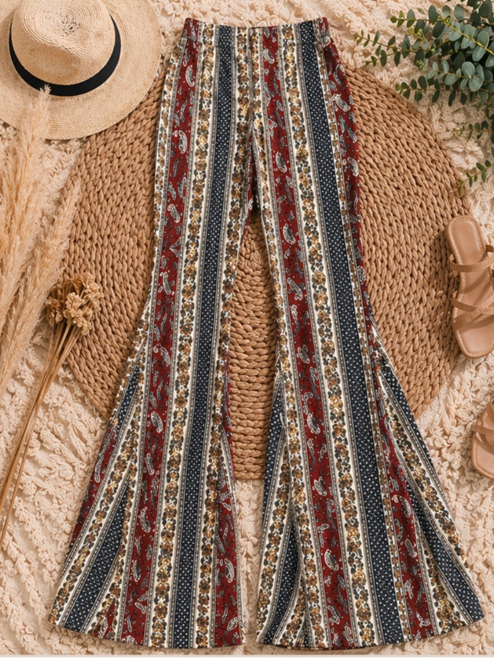 Boho Stripe Paisley Flared Pants - Red Multi